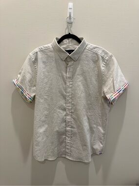 Robert Graham XL Linen-Blend Short Sleeve Shirt with Color-Trim Cuffs - Neutral